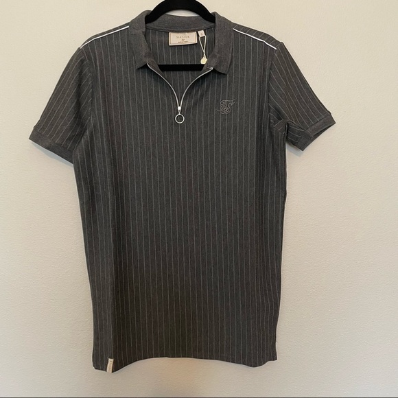NWT siksilk smart essential pinstripe polo grey marl sz.S - Picture 1 of 3
